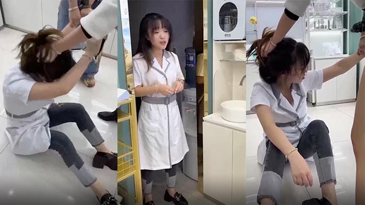 化妆品店小三被扒衣露奶，骑身狂揍，骚货还挺漂亮